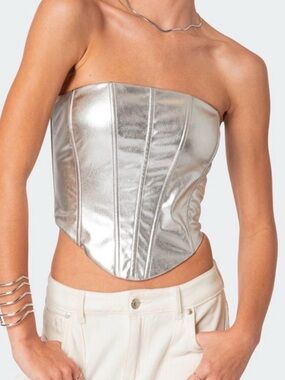 Edikted Mabel Metallic Faux Leather Corset Top Small Strapless Silver Y2K